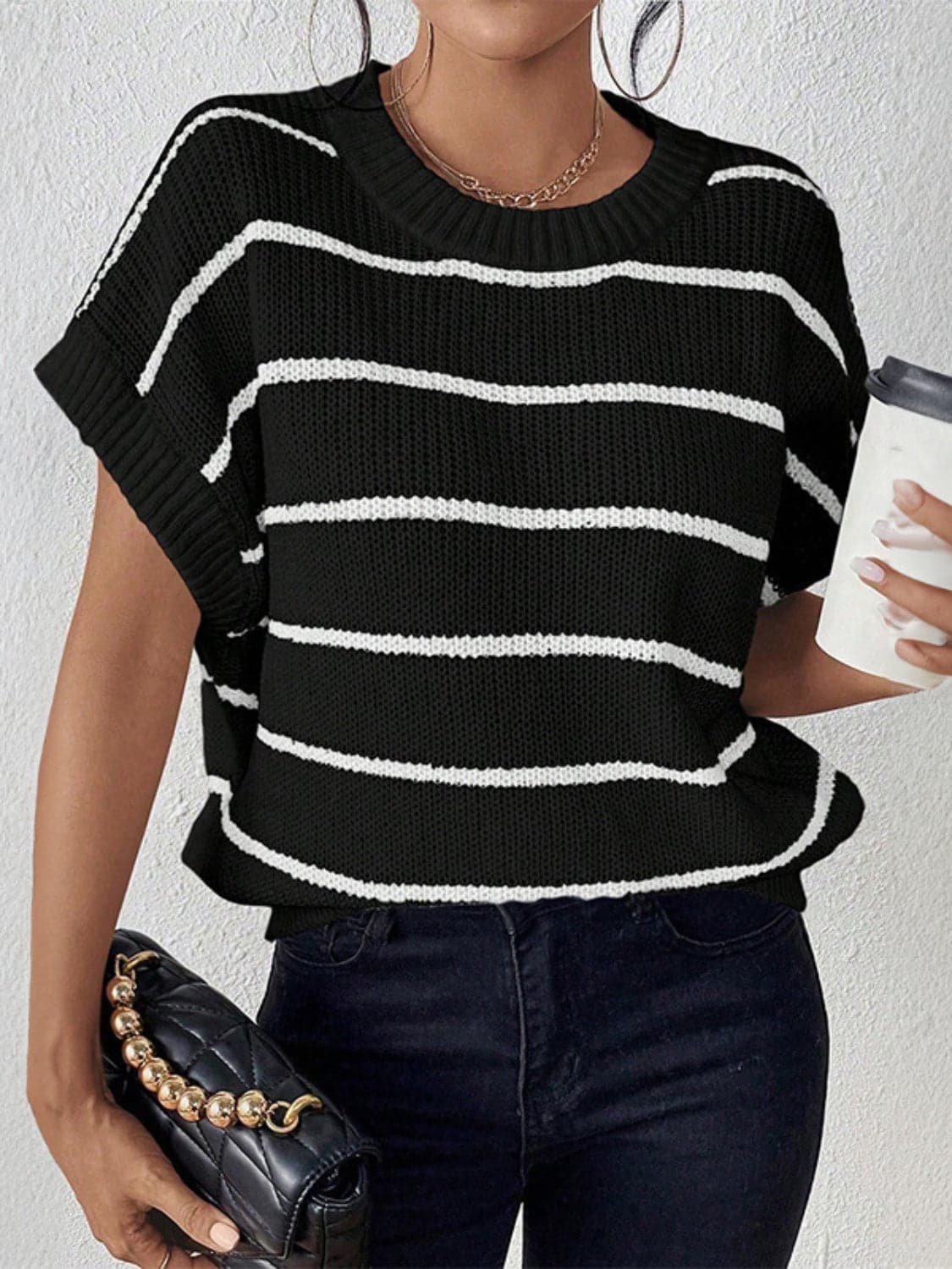 Striped Round Neck Short Sleeve Knit Top.