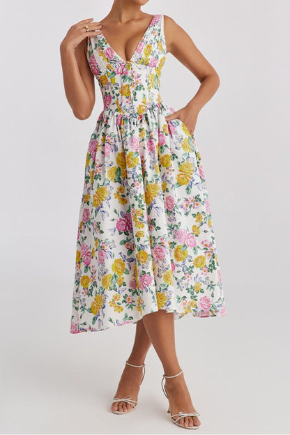 Garden Muse V-Neck Midi Dress with Pockets