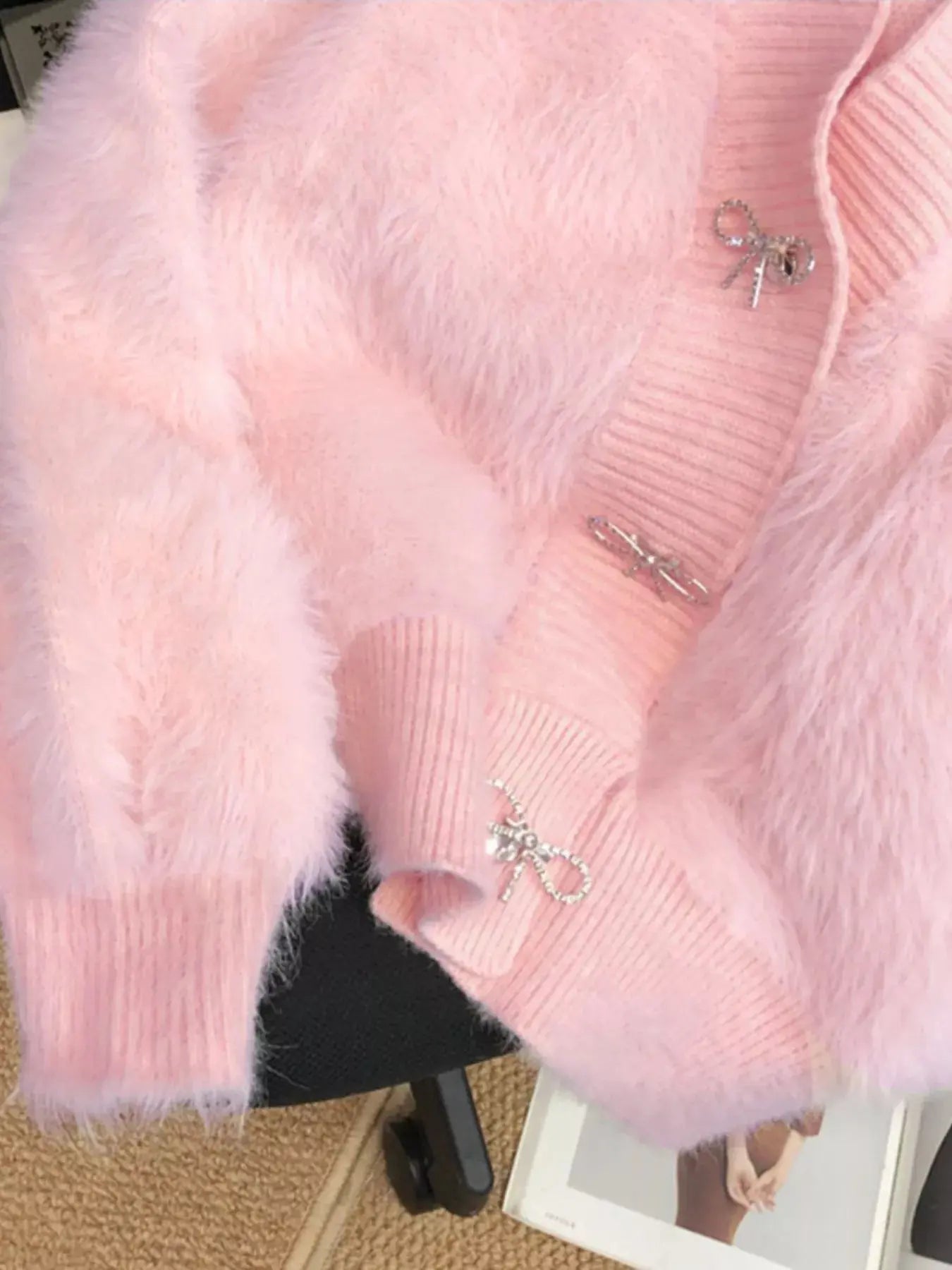 Fuzzy Bow Button Up Cardigan Simply Love