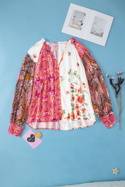 Floral charm: Pink patchwork blouse with shirred cuffs