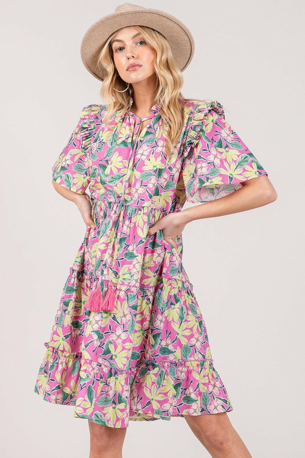 SAGE + FIG Floral Ruffle Short Sleeve Dress.