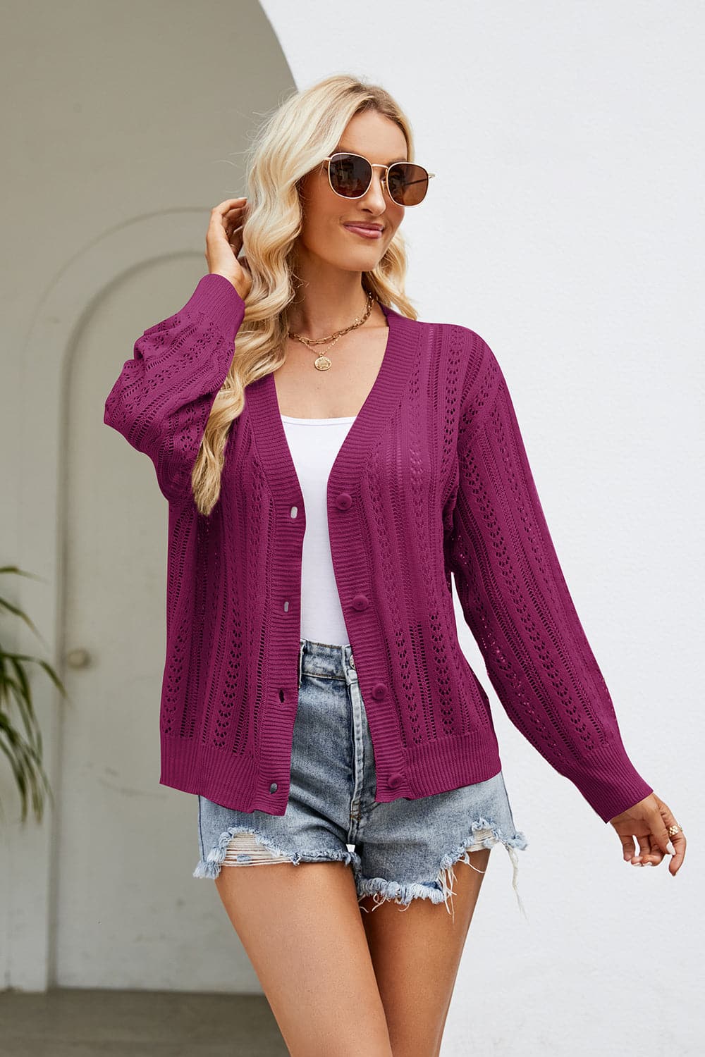 Openwork Button Front V-Neck Cardigan.