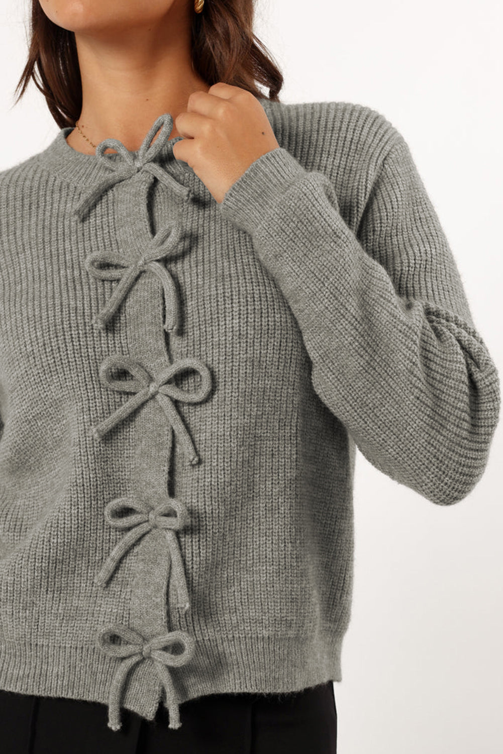 Philippine Gray Ribbed Knit Bow Front Buttoned Cardigan with soft fabric and charming bow details.