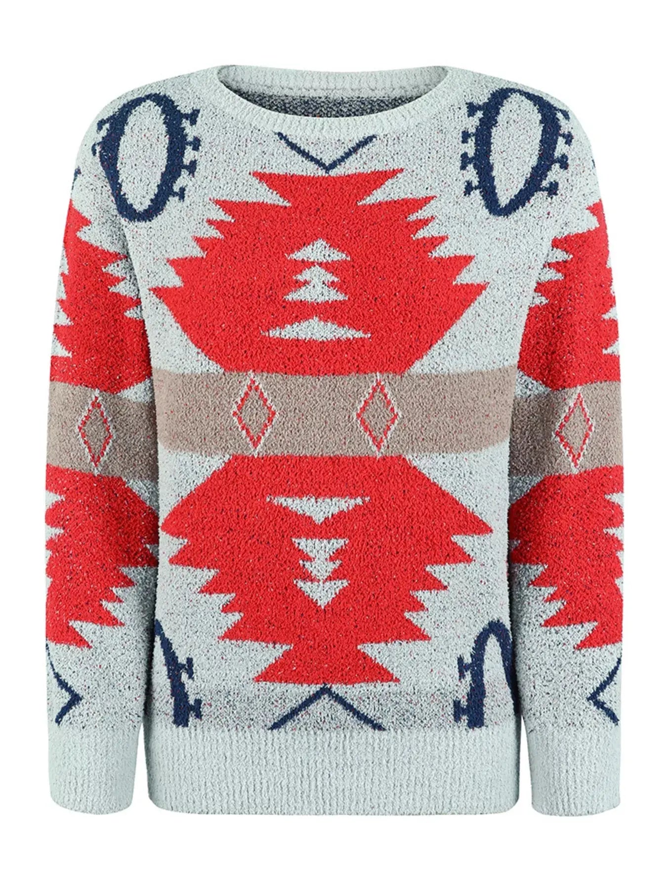 Geometric Round Neck Long Sleeve Sweater Simply Love
