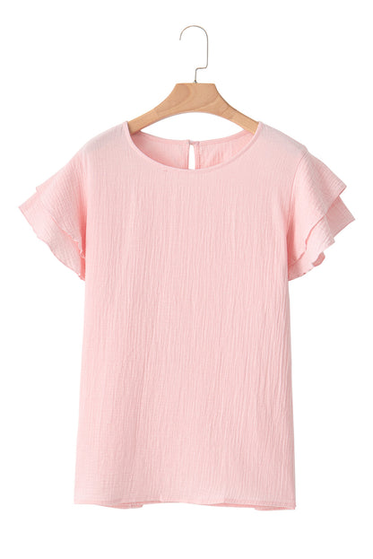 Light pink plus size ruffle sleeve top with crinkle texture