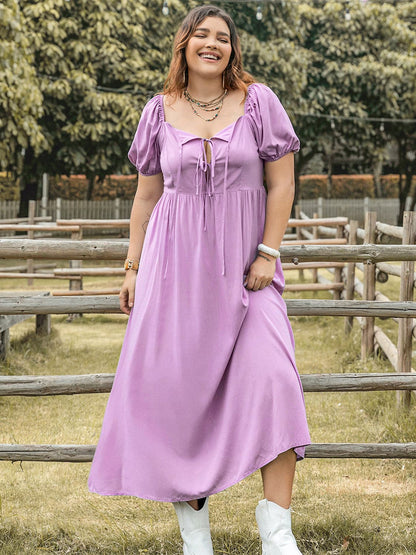 Plus Size Tie Neck Short Sleeve Dress.