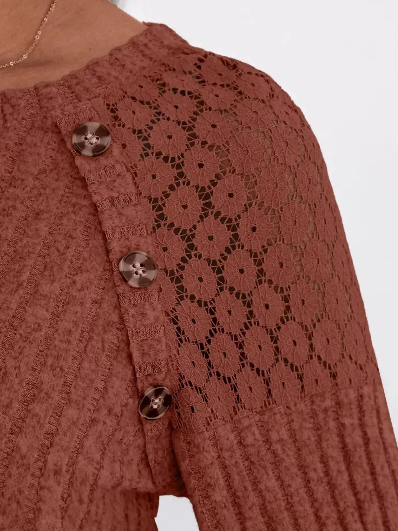 Ribbed Knit T-Shirt with Lace Shoulder Detail Simply Love