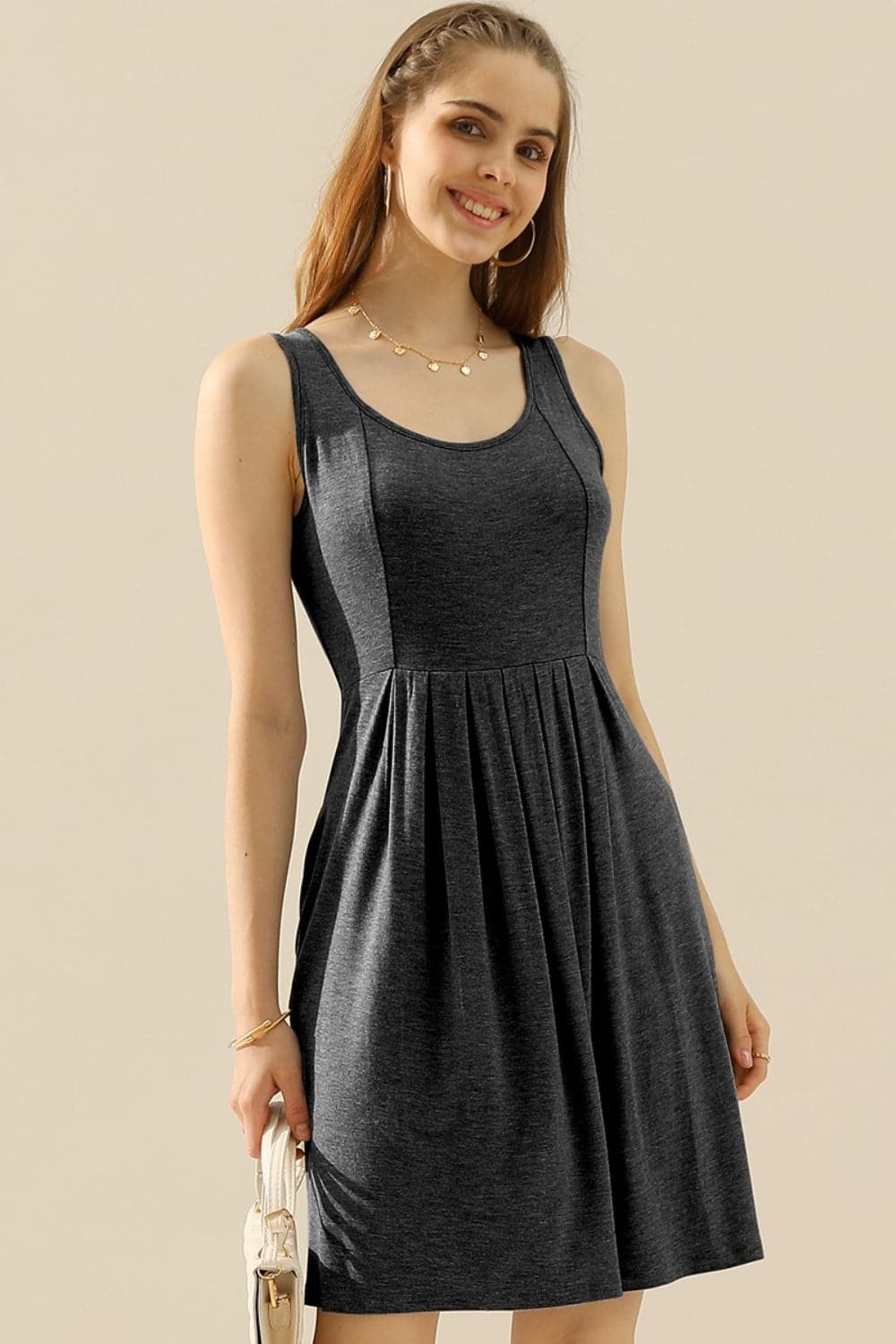 Doublju Full Size Round Neck Ruched Sleeveless Dress with Pockets.