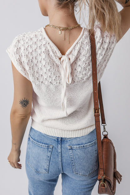 Elegant White Eyelet Knit Short Sleeve Sweater with Tied Back Detail