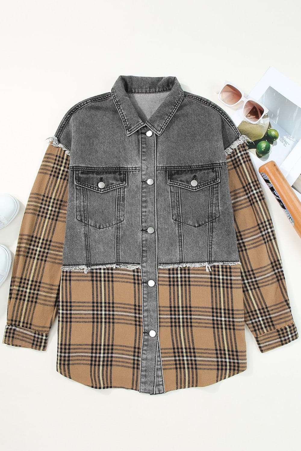 Plaid Raw Hem Button Up Denim Jacket.