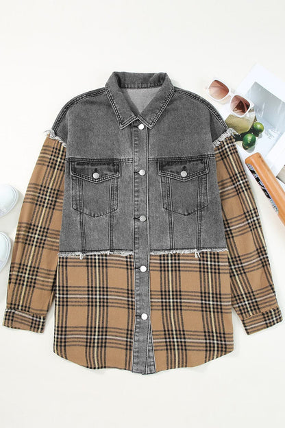 Plaid Raw Hem Button Up Denim Jacket.