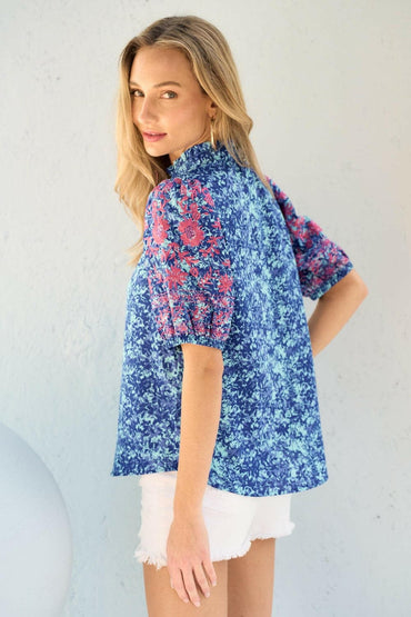 Hailey & Co Embroidered Puff Sleeve Printed Blouse.