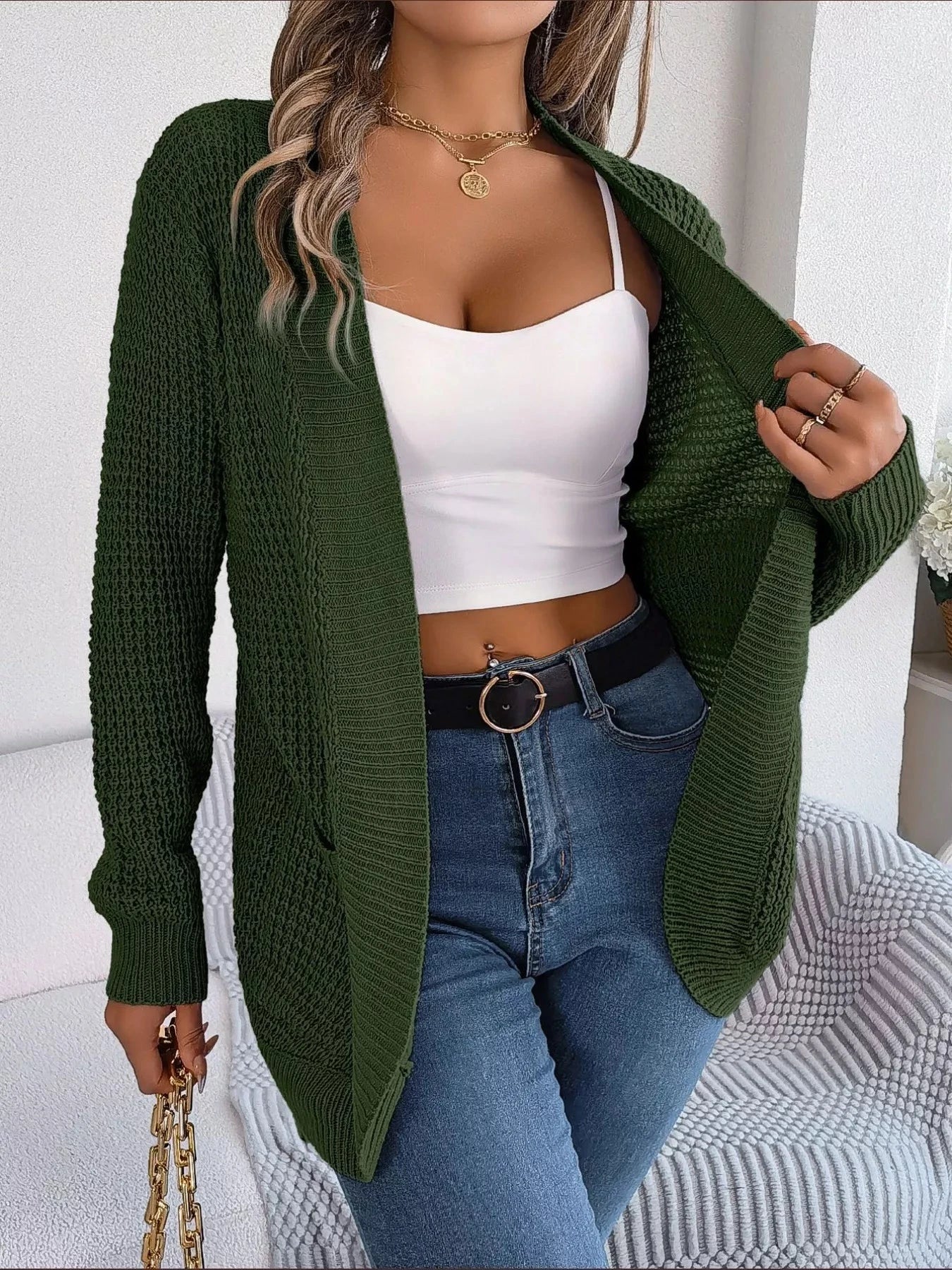 Chunky Knit Open Front Cardigan with Pockets Coco’s Tee Boutique