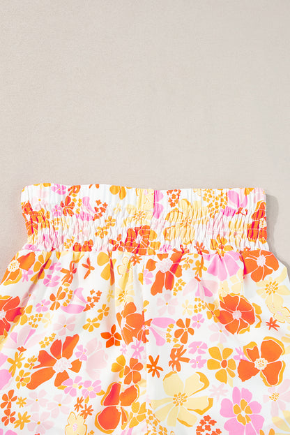 Chic orange floral high-waisted casual shorts with shirred detailing