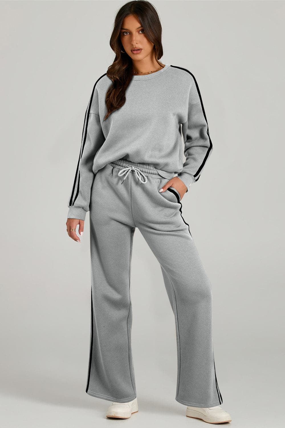 Round Neck Long Sleeve Top and Pants Active Set.