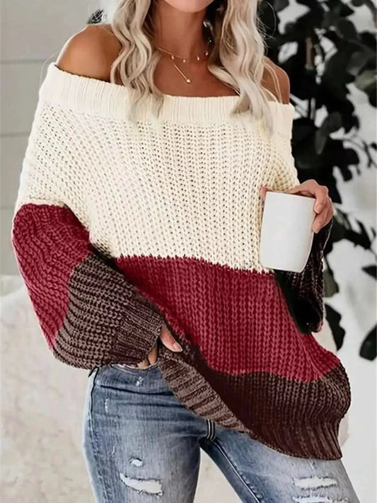 Off-Shoulder Color Block Sweater Simply Love