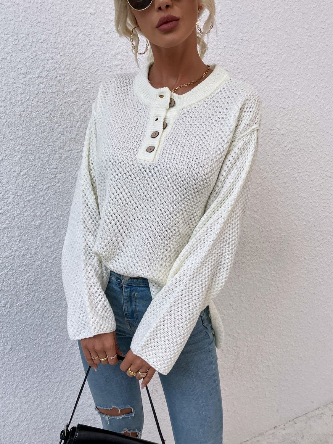 Quarter-Button Slit Sweater.