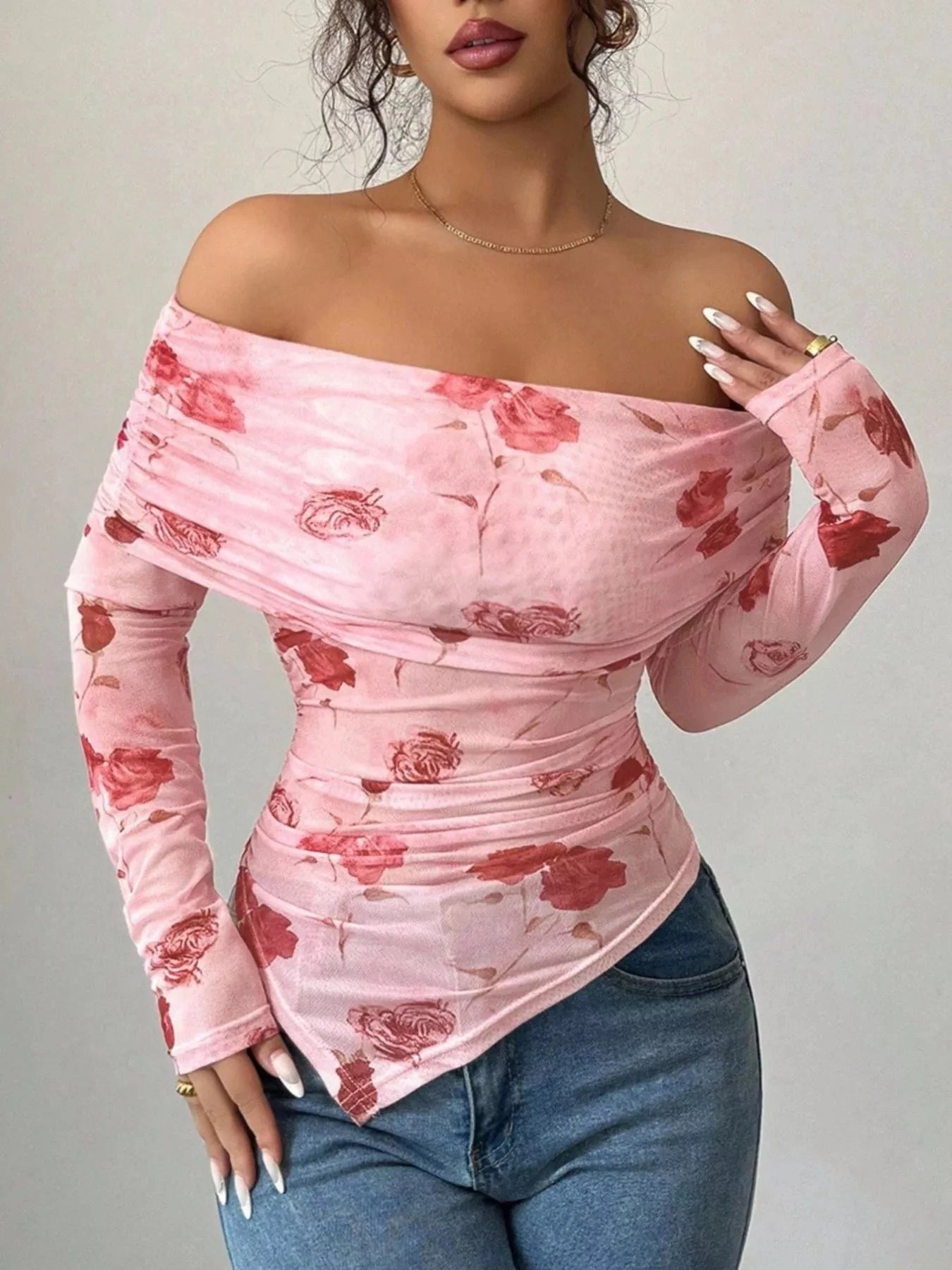Floral Print Off-Shoulder Mesh Top Simply Love