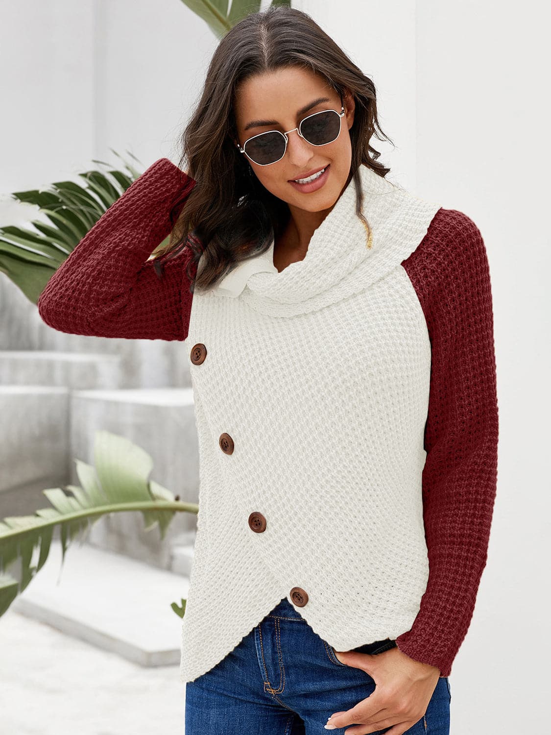 Contrast Decorative Button Turtleneck Sweater.