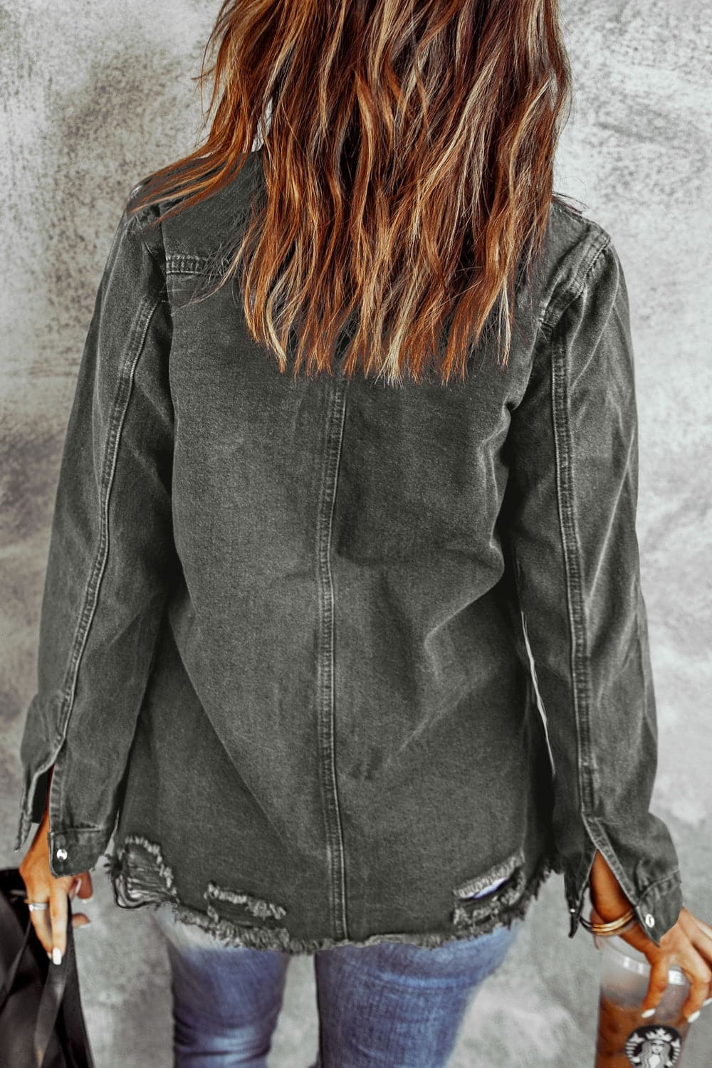 Distressed Raw Hem Snap Down Denim Jacket.