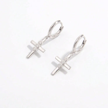 Elegant platinum-plated zircon cross earrings in sterling silver