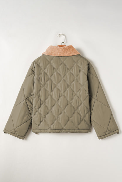 Cozy jungle green quilted puffer jacket with teddy collar and flap pockets