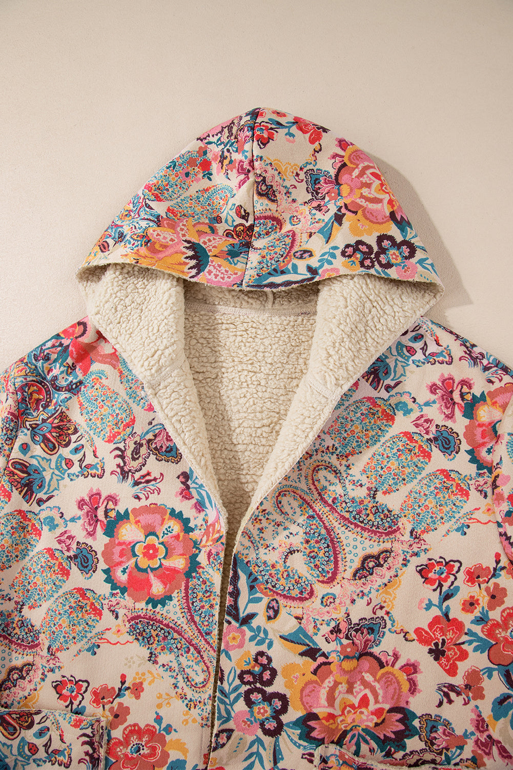 Beige floral paisley hooded Sherpa jacket for a vintage vibe