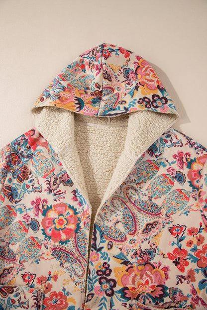 Beige floral paisley hooded Sherpa jacket for a vintage vibe