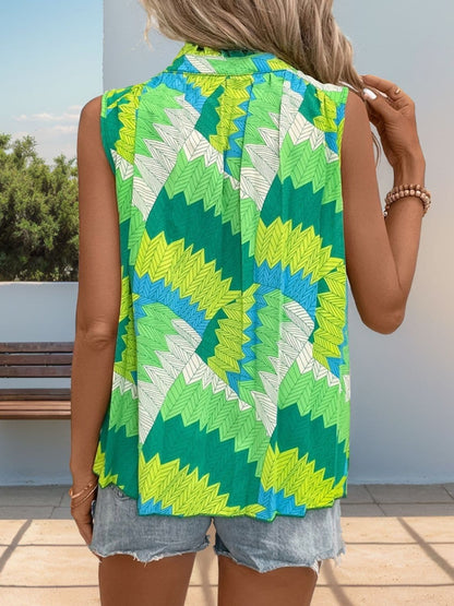 Printed Tie Neck Sleeveless Top.