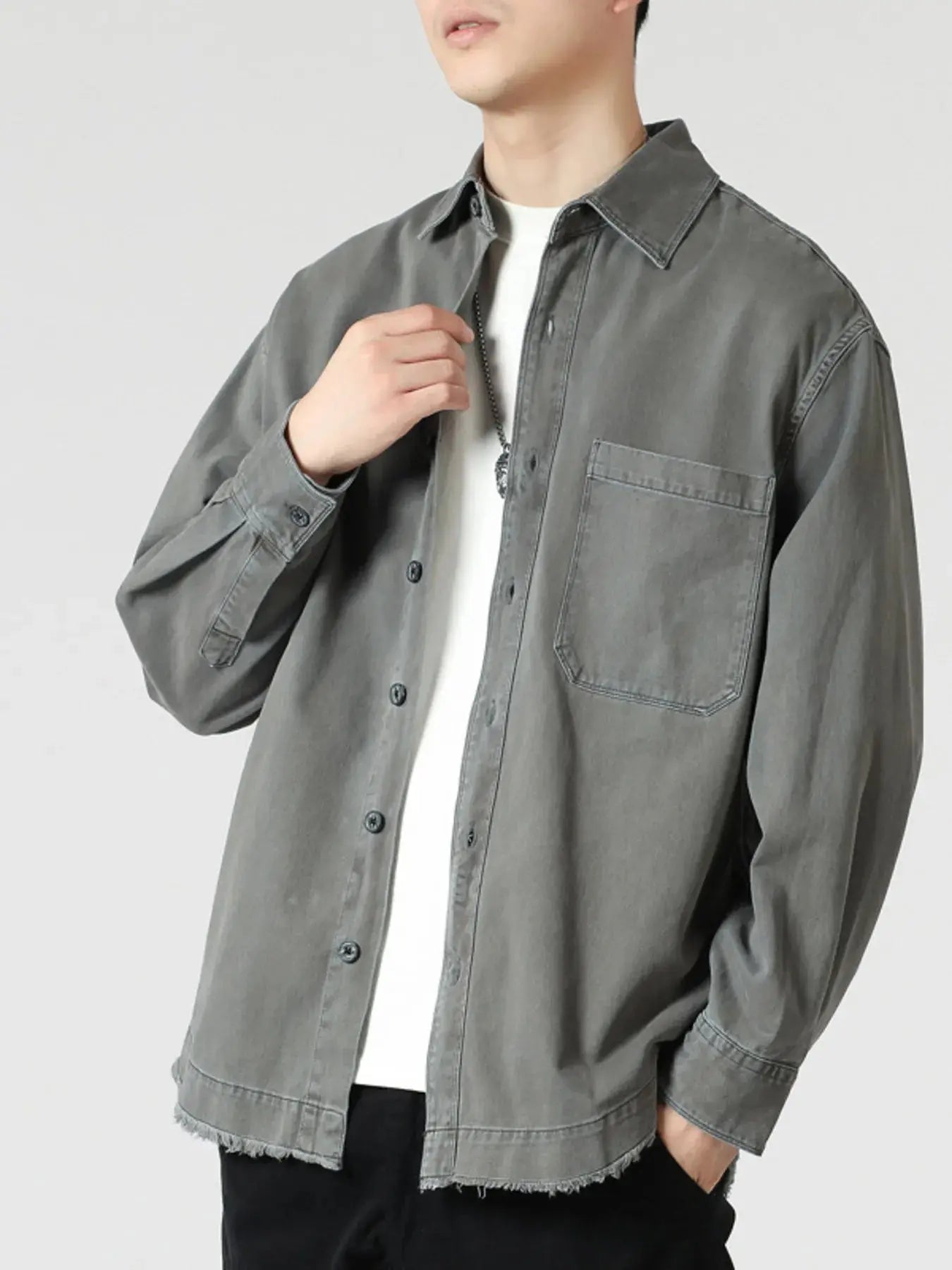 Mens Oversized Button Up Long Sleeve Shirt Gray Cotton Spandex Blend Simply Love