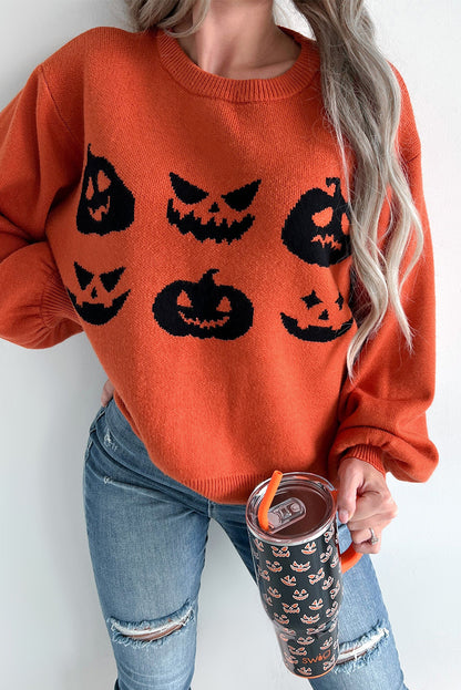 Spooky pumpkin face drop shoulder sweater for Halloween fun