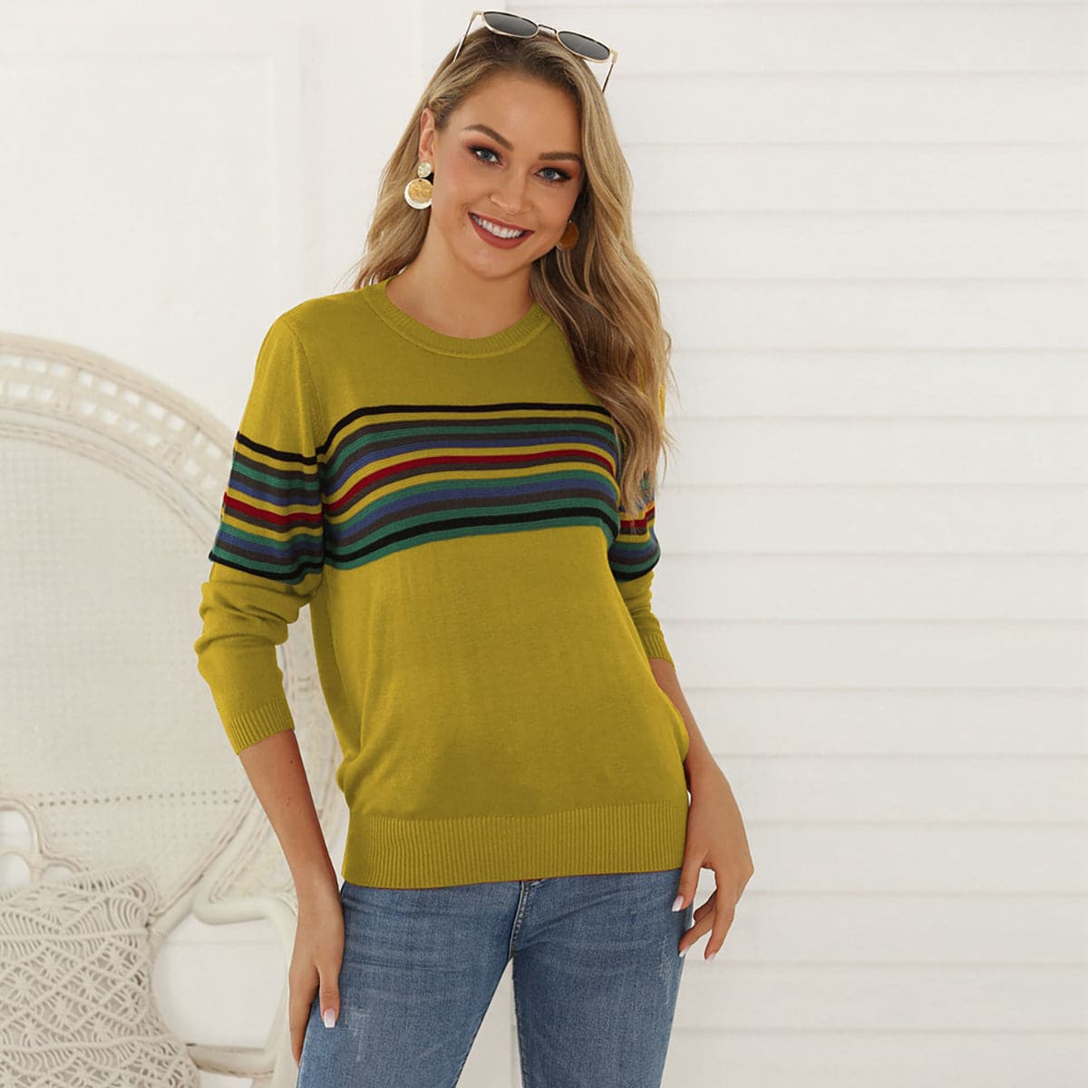 Striped Round Neck Long Sleeve Sweater.