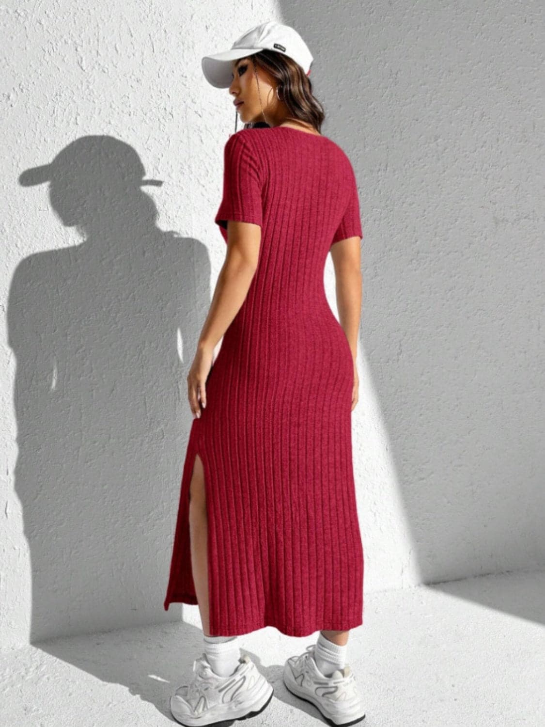 Slit Round Neck Short Sleeve Sweater Dress.