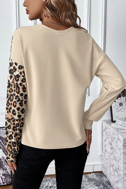 Chic pale khaki leopard colorblock waffle knit top with patch pocket