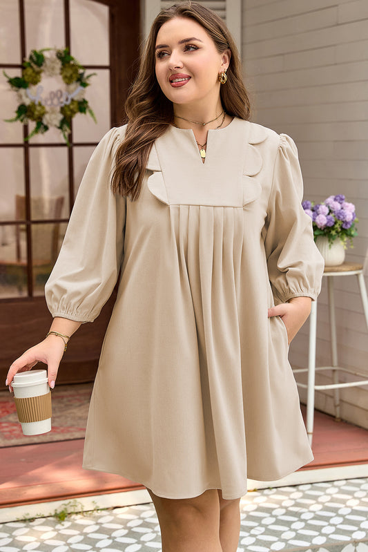 Parchment Notched Neck Scallop Detail Plus Size Mini Dress Dear-Lover Dropshipping
