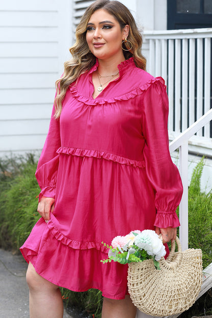 Rosy ruffled bubble sleeve plus size dress