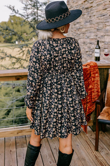 Black Floral Deep V Neck Smocked Bust Sleeve Babydoll Dress