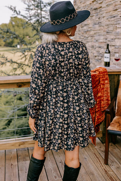Black Floral Deep V Neck Smocked Bust Sleeve Babydoll Dress
