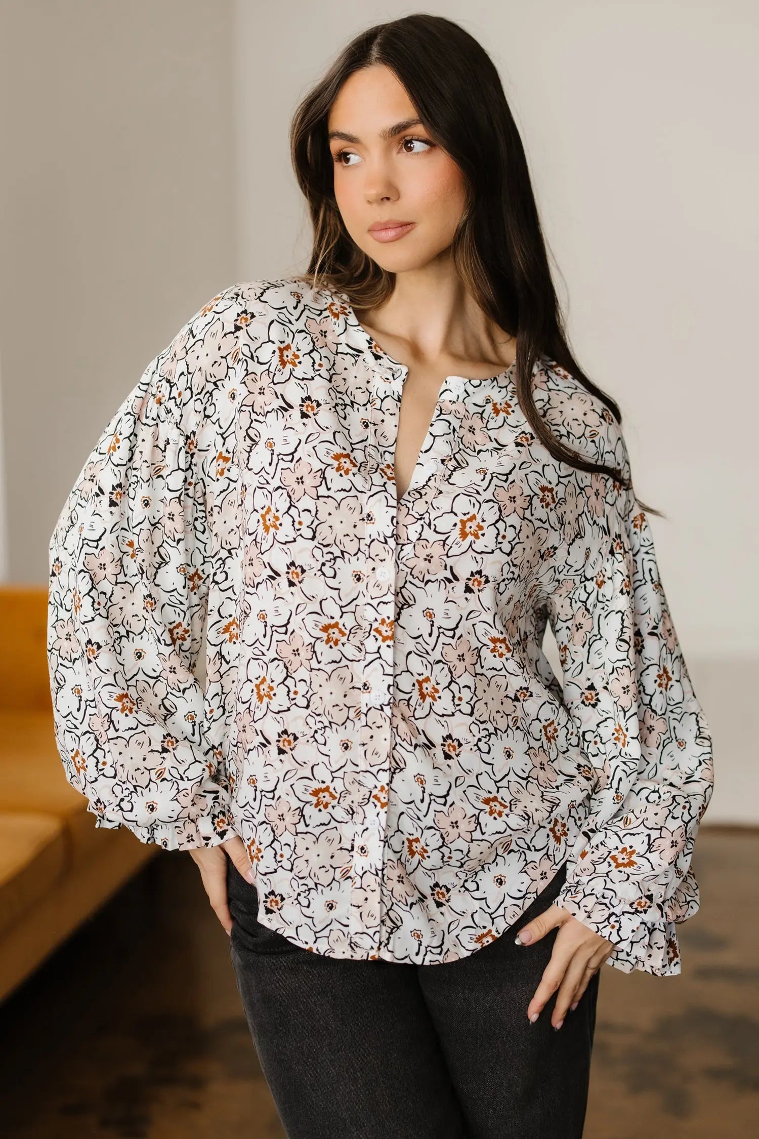 Khaki Floral Print Frilled Puff Sleeve Button Down Shirt For Women Dear-Lover Dropshipping