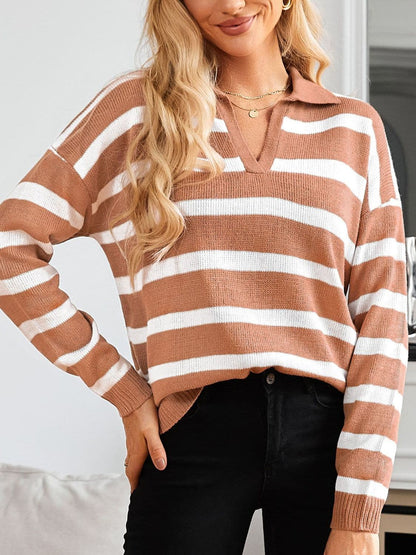 Stylish striped long sleeve sweater with Johnny collar