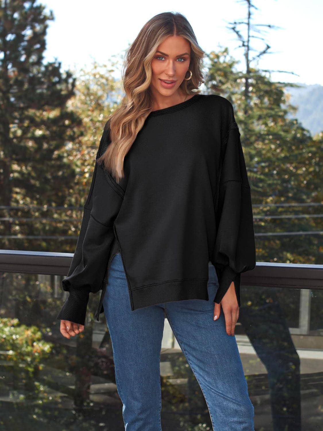 Slit Round Neck Long Sleeve Sweatshirt.