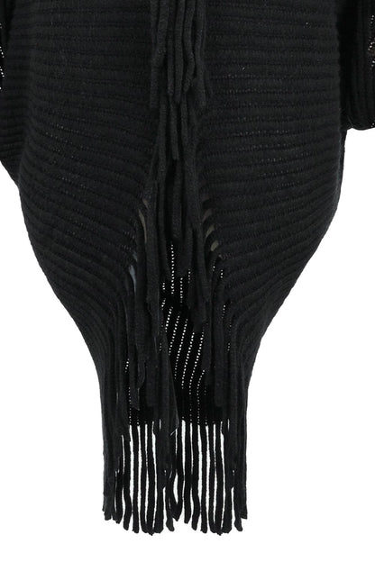 Fringe Detail Long Sleeve Ribbed Poncho.