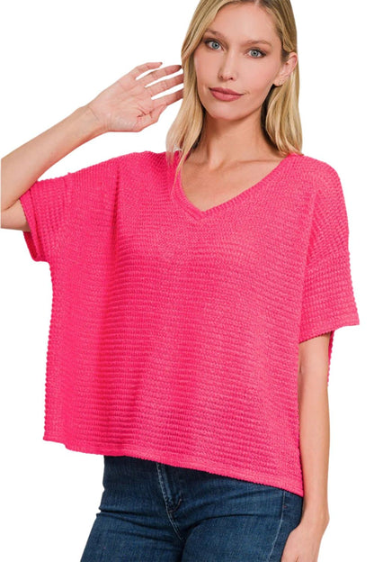 Zenana Drop Shoulder Short Sleeve Jacquard Knit Top.