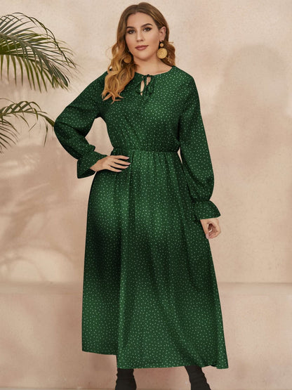 Plus Size Ruffled Polka Dot Long Sleeve Midi Dress.