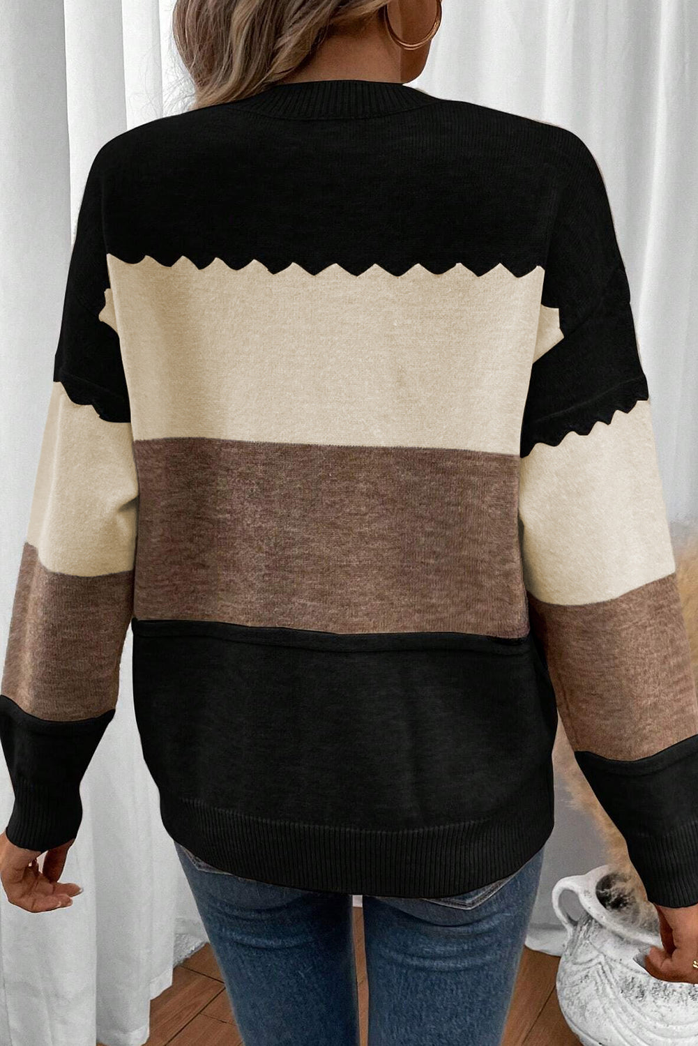 Black Colorblock Crew Neck Drop Shoulder Sweater Relaxed Fit