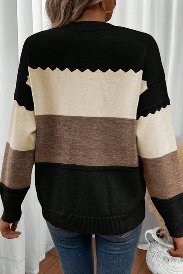 Black Colorblock Crew Neck Drop Shoulder Sweater Relaxed Fit