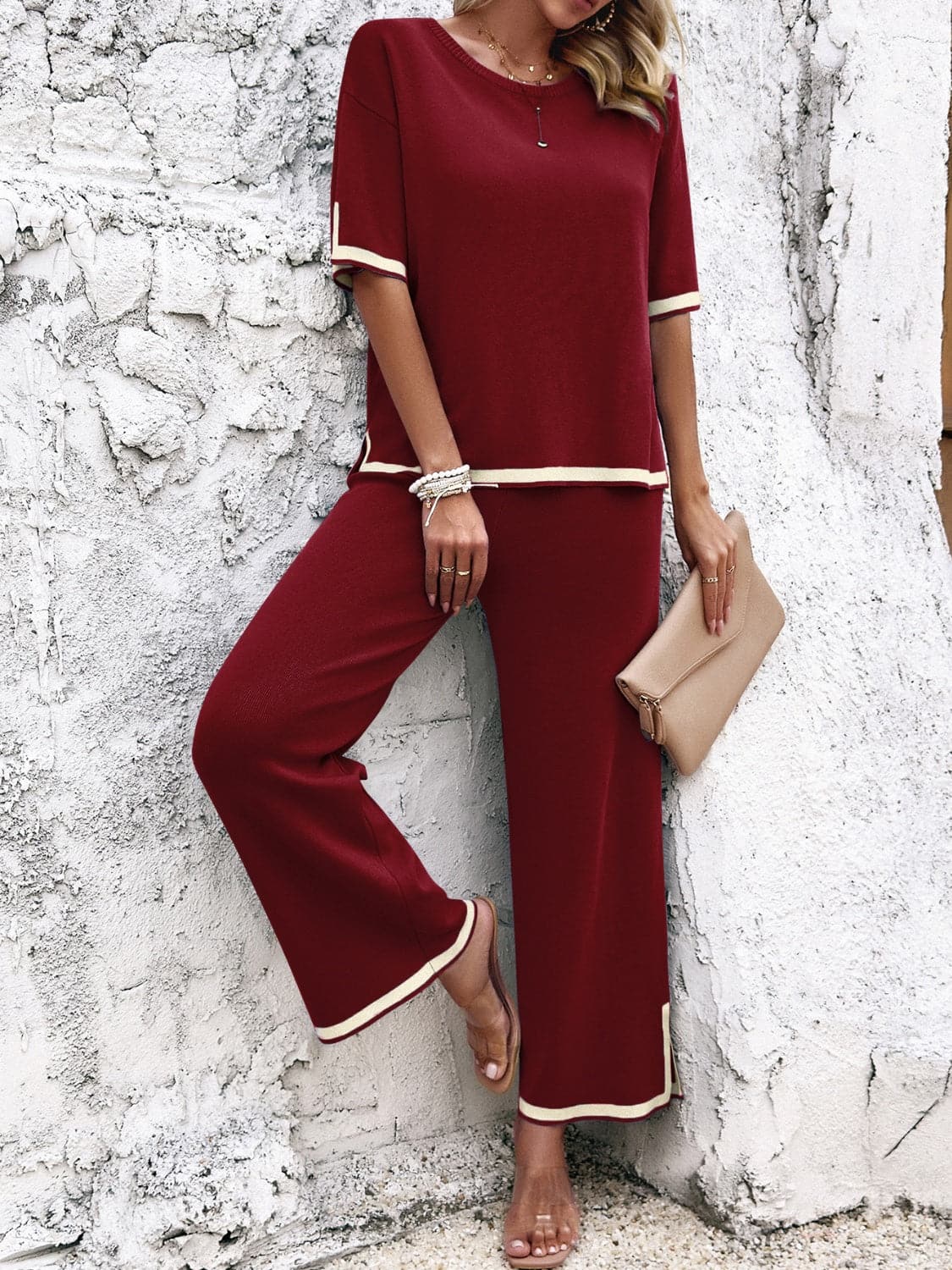 Contrast Trim Round Neck Top and Pants Set.