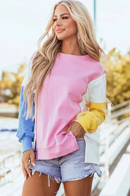 Chic high-low slit contrast sweatshirt with round neck and long sleeves