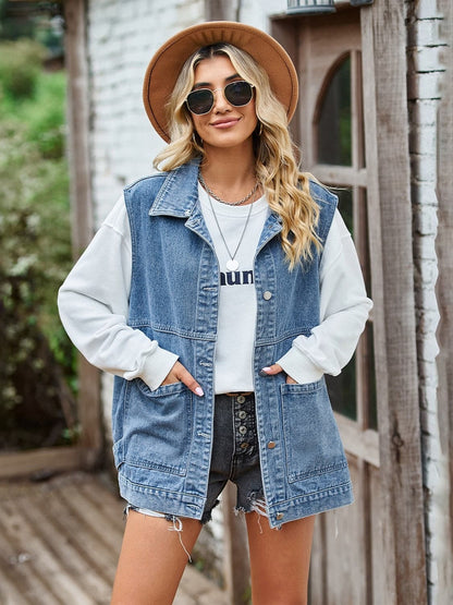 Button Front Sleeveless Denim Jacket.