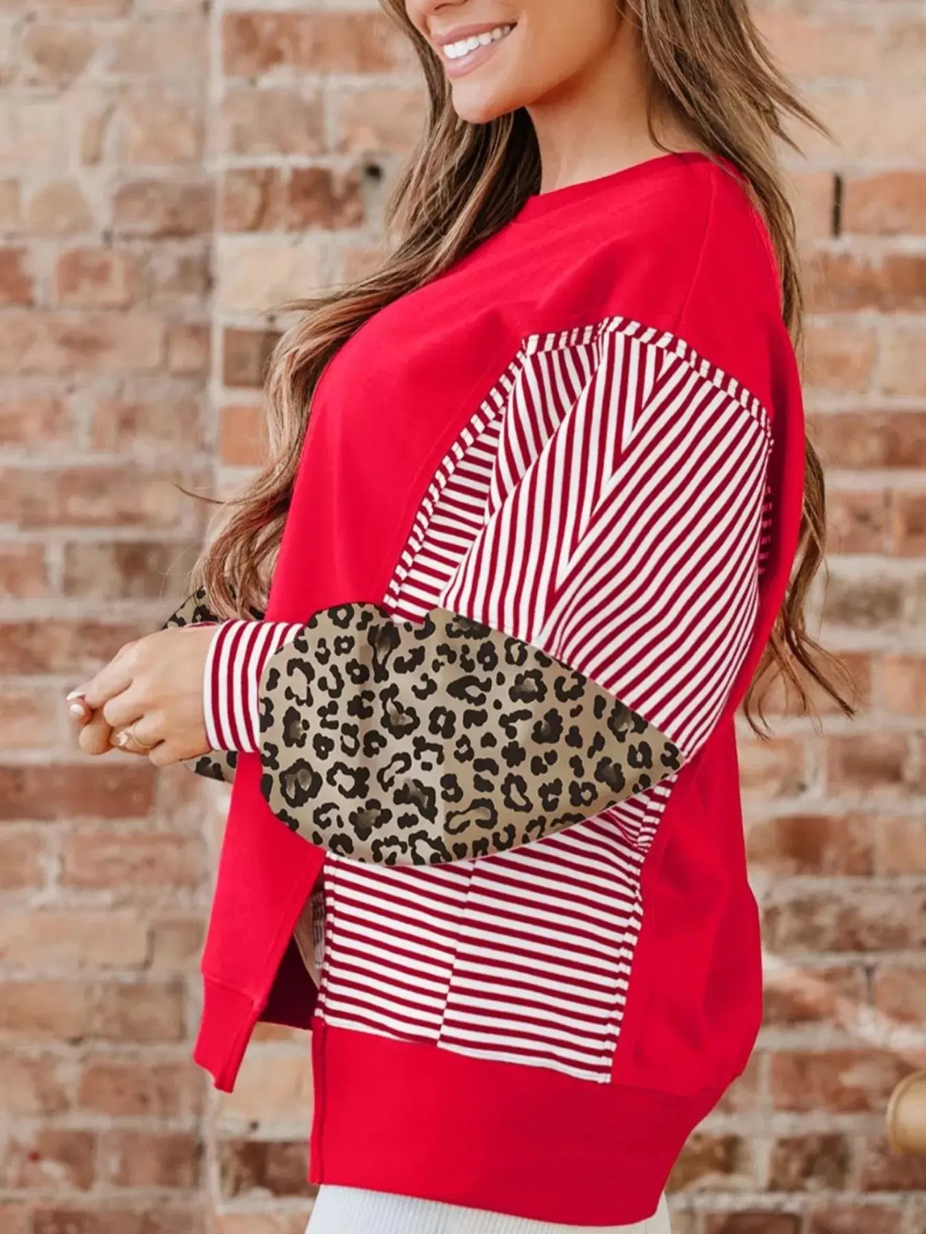 Striped Patchwork Sleeve Colorblock Sweatshirt Simply Love